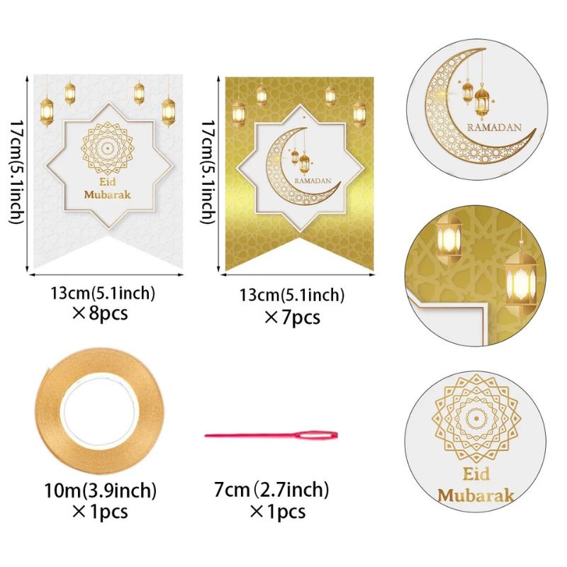 White & Gold Ramadan Kareem Eid Mubarak Banner Bunting Decoration Muslim Islamic Home Decor