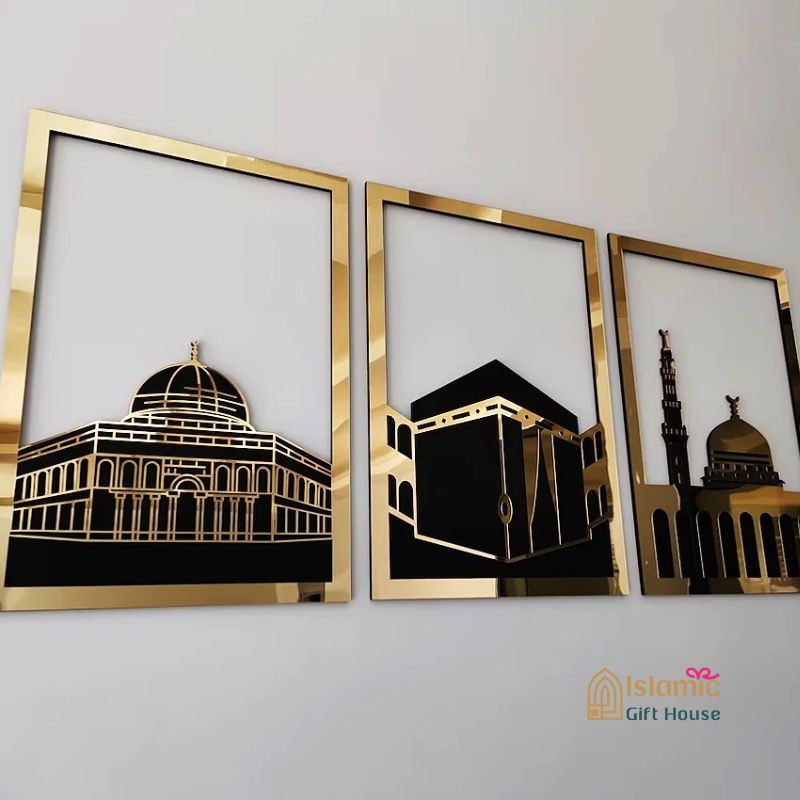 Islamic Wall Frame UK – Kaaba, Madina & Al Aqsa Gold Acrylic Art