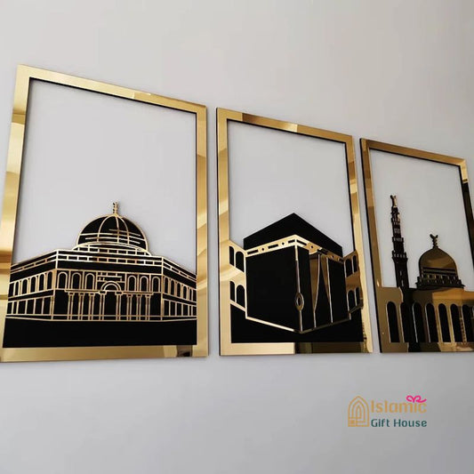 Islamic Wall Frame UK – Kaaba, Madina & Al Aqsa Gold Acrylic Art