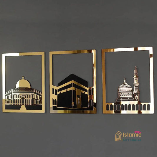 Islamic Wall Frame UK – Kaaba, Madina & Al Aqsa Gold Acrylic Art