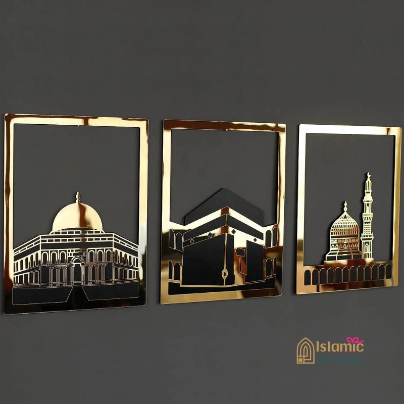 Islamic Wall Frame UK – Kaaba, Madina & Al Aqsa Gold Acrylic Art