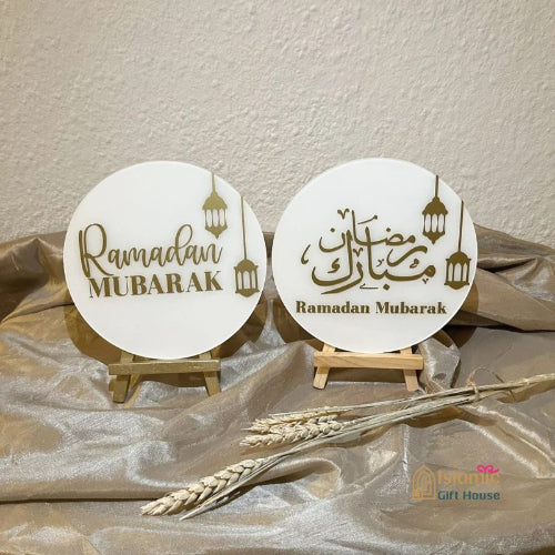 Ramadan tabletop decor – gold and white Islamic art display UK