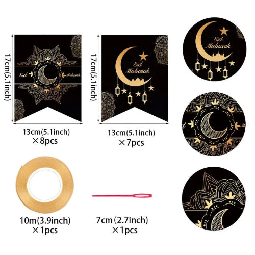 Elegant black & gold paper Eid Mubarak banner – reusable Islamic decoration for UK Eid celebrations