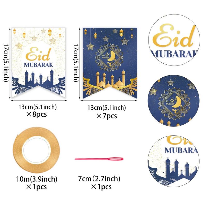 Blue & Gold-2 Ramadan Kareem Eid Mubarak Banner Bunting Decoration Muslim Islamic Home Decor