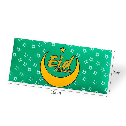 Green Eid gift envelope UK with moon and castle design – size measurement display