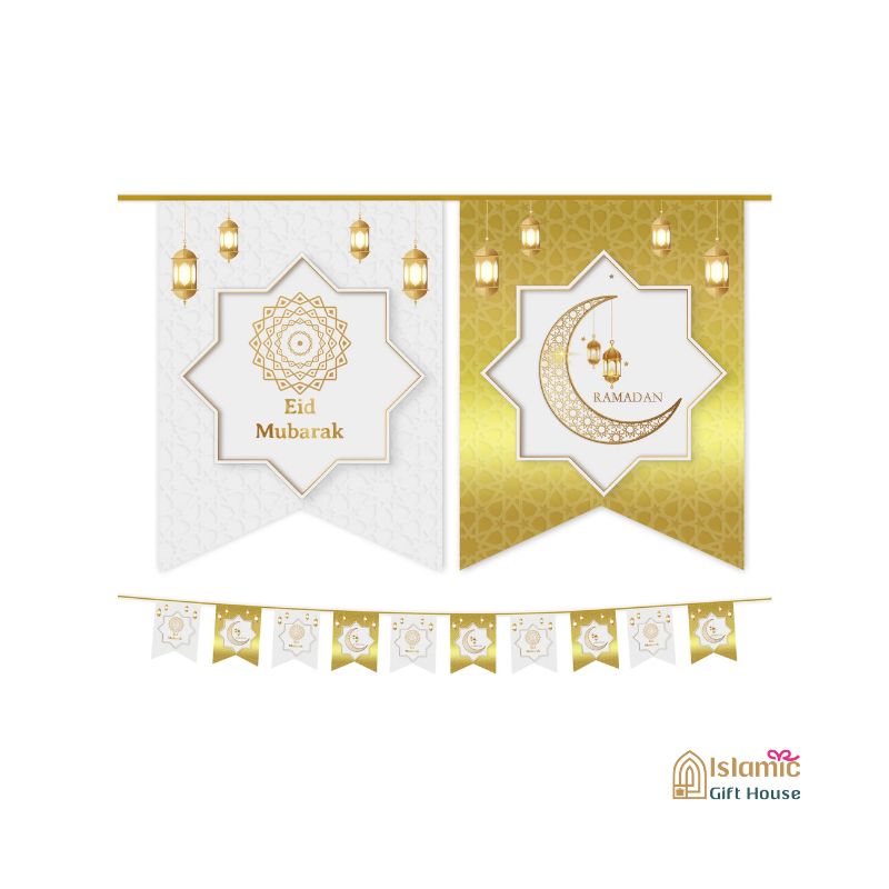 White & Gold Ramadan Kareem Eid Mubarak Banner Bunting Decoration Muslim Islamic Home Decor