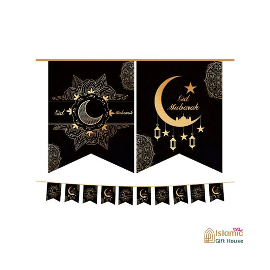 Black & Gold Ramadan Kareem Eid Mubarak Banner Bunting Decoration Muslim Islamic Home Decor