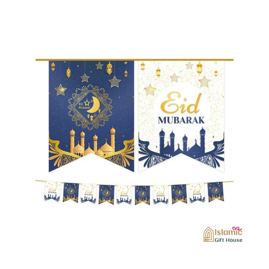 Blue & Gold-2 Ramadan Kareem Eid Mubarak Banner Bunting Decoration Muslim Islamic Home Decor