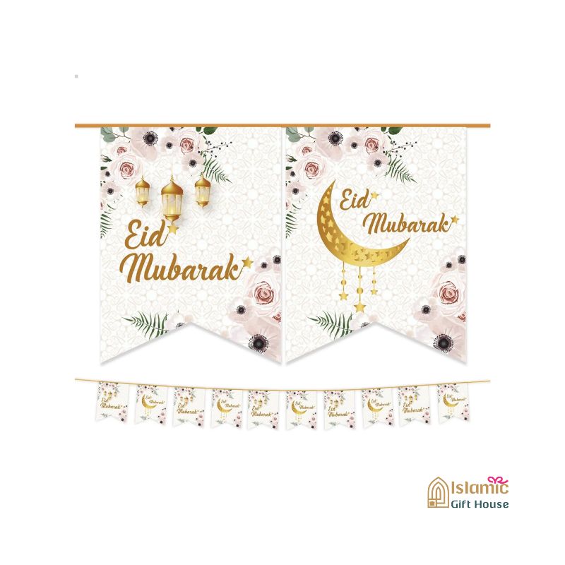 White & Gold -2 Ramadan Kareem Eid Mubarak Banner Bunting Decoration Muslim Islamic Home Decor